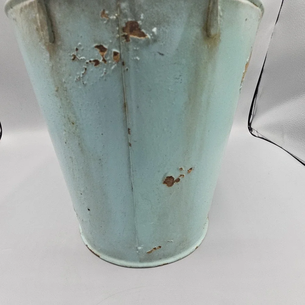 French Paris Maison Farmhouse Robins Egg Blue Wood Handle Bucket Distressed